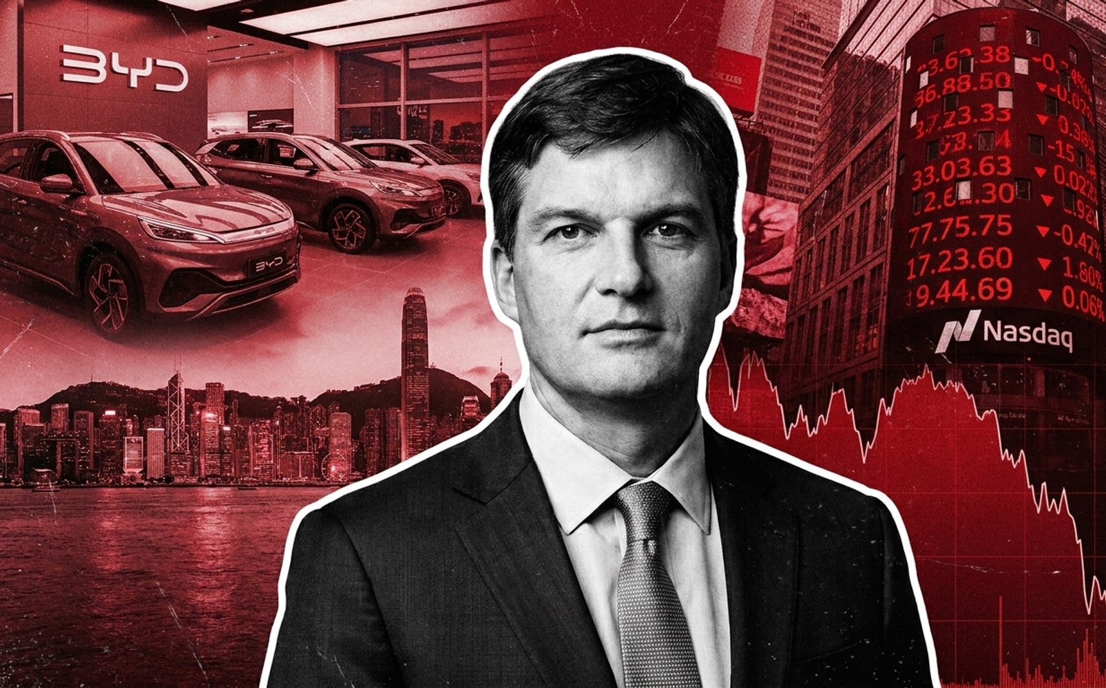 Michael Burry over a collage of BYD cars in a showroom, the Hong Kong skyline and a Nasdaq ticker board with falling red numbers