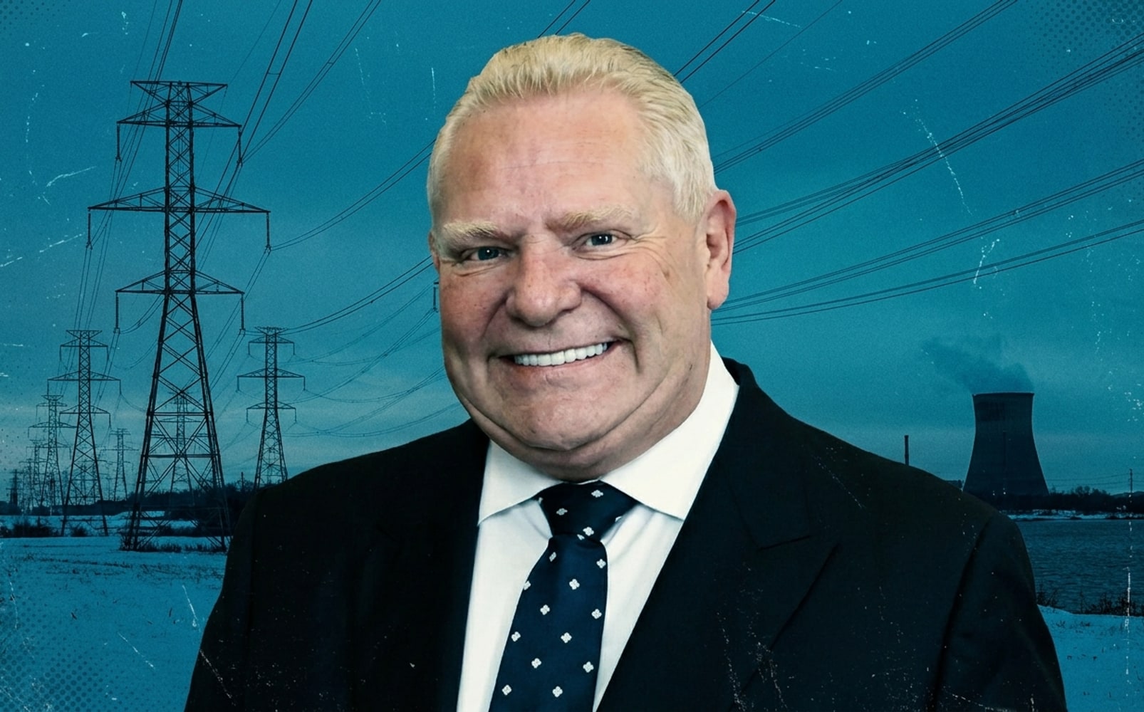 Doug Ford in front of a high-voltage transmission corridor at dusk