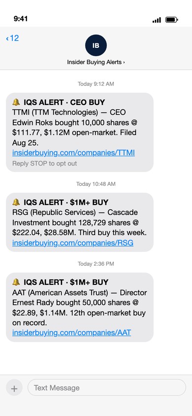 Three IQS insider-buy alerts arriving as text messages on a phone